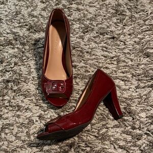 Etienne Aigher Burgundy Buckle Peep Toe Heels